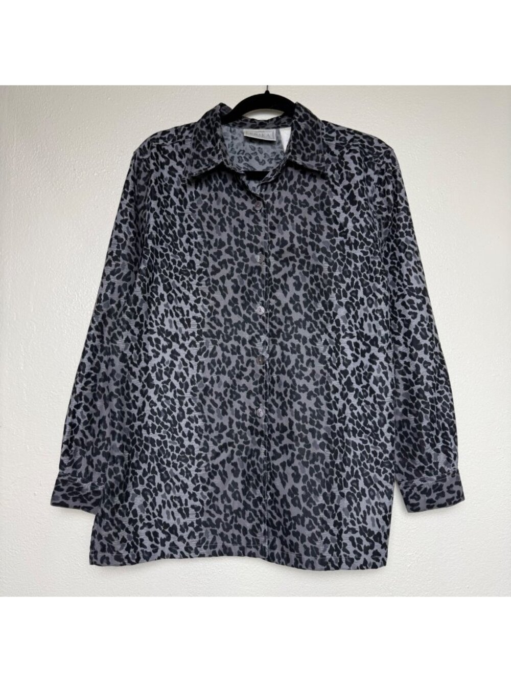 Vtg Erika Studio Black & Gray Leopard Print Long Sleeve Button Down Sz M